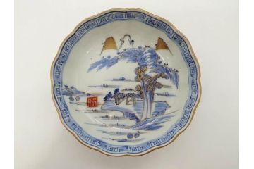江戸期　伊万里　染付　金彩　山水図　約15cm　4.9寸　上質な和の雰囲気を醸し出すなます皿3枚セット(中皿、和皿、和食器、四寸九分)(R-073120)