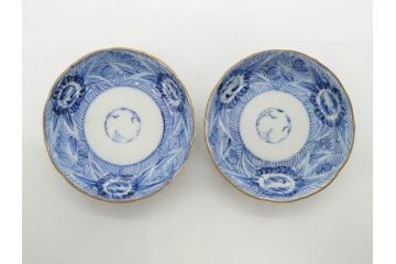 江戸期　伊万里　染付　線描　花唐草　松竹梅文　約10cm　3.2寸　一筆一筆丁寧な職人の絵付けが見事な小皿5枚セット(和皿、和食器、三寸二分)(R-073122)