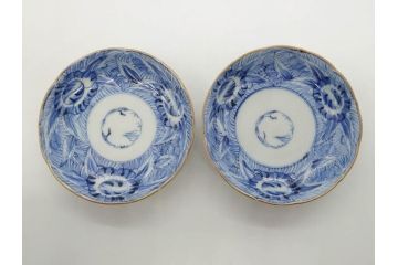 江戸期　伊万里　染付　線描　花唐草　松竹梅文　約10cm　3.2寸　一筆一筆丁寧な職人の絵付けが見事な小皿5枚セット(和皿、和食器、三寸二分)(R-073124)
