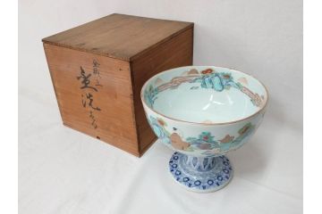 江戸期　安政七年　色絵　染付　上品な和の趣を感じる盃洗(杯洗、フルーツボウル、コンポート、人物、唐子、男女、和食器)(R-073125)