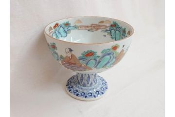 江戸期　安政七年　色絵　染付　上品な和の趣を感じる盃洗(杯洗、フルーツボウル、コンポート、人物、唐子、男女、和食器)(R-073125)