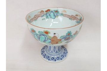 江戸期　安政七年　色絵　染付　上品な和の趣を感じる盃洗(杯洗、フルーツボウル、コンポート、人物、唐子、男女、和食器)(R-073125)
