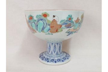 江戸期　安政七年　色絵　染付　上品な和の趣を感じる盃洗(杯洗、フルーツボウル、コンポート、人物、唐子、男女、和食器)(R-073125)