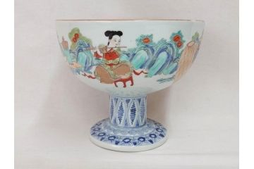 江戸期　安政七年　色絵　染付　上品な和の趣を感じる盃洗(杯洗、フルーツボウル、コンポート、人物、唐子、男女、和食器)(R-073125)