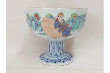 江戸期　安政七年　色絵　染付　上品な和の趣を感じる盃洗(杯洗、フルーツボウル、コンポート、人物、唐子、男女、和食器)(R-073125)