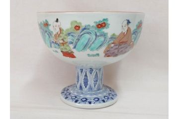 江戸期　安政七年　色絵　染付　上品な和の趣を感じる盃洗(杯洗、フルーツボウル、コンポート、人物、唐子、男女、和食器)(R-073125)