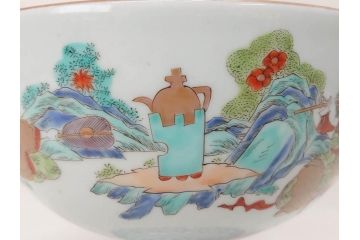 江戸期　安政七年　色絵　染付　上品な和の趣を感じる盃洗(杯洗、フルーツボウル、コンポート、人物、唐子、男女、和食器)(R-073125)
