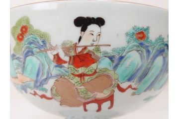 江戸期　安政七年　色絵　染付　上品な和の趣を感じる盃洗(杯洗、フルーツボウル、コンポート、人物、唐子、男女、和食器)(R-073125)