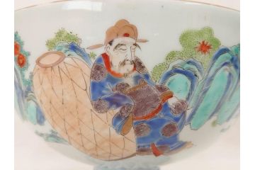 江戸期　安政七年　色絵　染付　上品な和の趣を感じる盃洗(杯洗、フルーツボウル、コンポート、人物、唐子、男女、和食器)(R-073125)