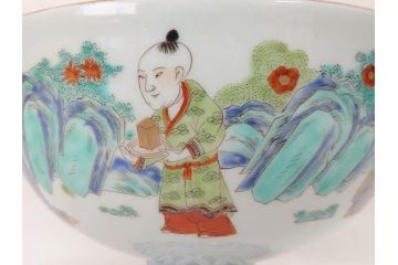 江戸期　安政七年　色絵　染付　上品な和の趣を感じる盃洗(杯洗、フルーツボウル、コンポート、人物、唐子、男女、和食器)(R-073125)