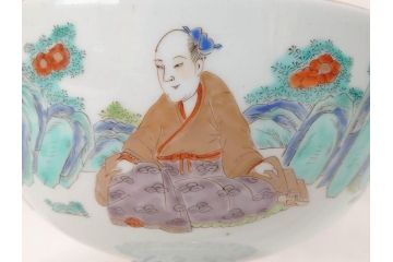 江戸期　安政七年　色絵　染付　上品な和の趣を感じる盃洗(杯洗、フルーツボウル、コンポート、人物、唐子、男女、和食器)(R-073125)