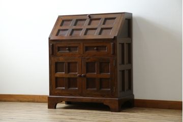 中古　美品　松本民芸家具　希少モデル　格子模様が特徴的なK型ライティングビューロー(ワークデスク、簿記机、収納棚、戸棚、在宅用、在宅ワーク用)(R-073161)