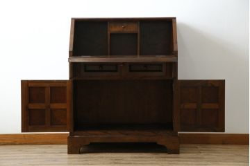中古　美品　松本民芸家具　希少モデル　格子模様が特徴的なK型ライティングビューロー(ワークデスク、簿記机、収納棚、戸棚、在宅用、在宅ワーク用)(R-073161)