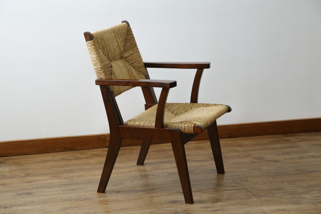 中古　美品　松本民芸家具　#521L型　アジアンテイストの空間づくりにおすすめのラッシアームチェア　定価約19万円相当　(R-073166)
