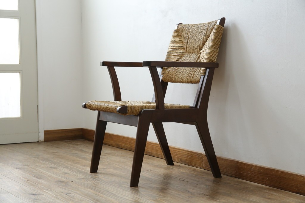 中古　美品　松本民芸家具　#521L型　アジアンテイストの空間づくりにおすすめのラッシアームチェア　定価約19万円相当　(R-073166)