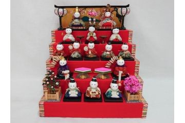 ビンテージ　木目込み人形　十五人揃　細部まで職人のこだわりを感じる可愛らしい五段雛飾り(雛人形、ひな人形、雛壇、段飾、置物、ケース付、ヴィンテージ)(R-073182)