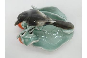 深川製　オールド深川　柿に尾長　細部まで凝ったつくりが魅力的な菓子皿(鳥、菓子器、小物入れ、和皿)(R-073186)