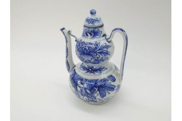 中国　青花　人物図　繊細な意匠にこだわりを感じる執壺(茶壺、しょうゆ差し、醤油瓶、水差し、注子、水注、茶道具)(R-073187)