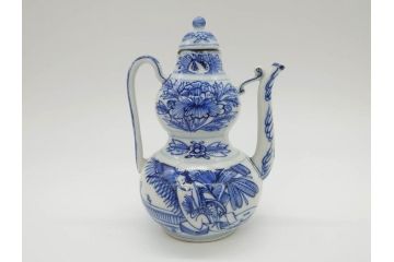中国　青花　人物図　繊細な意匠にこだわりを感じる執壺(茶壺、しょうゆ差し、醤油瓶、水差し、注子、水注、茶道具)(R-073187)