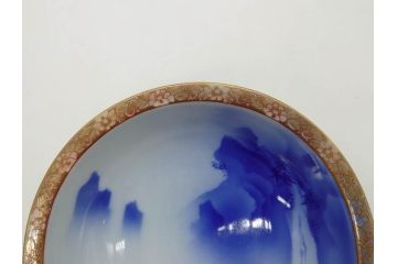 深川製磁　オールド深川　染付　金彩　約18cm　6寸　一つ一つ丁寧に絵付けされた風景図が美しい鉢(深皿、和皿、和食器、六寸、共箱付き)(R-073195)