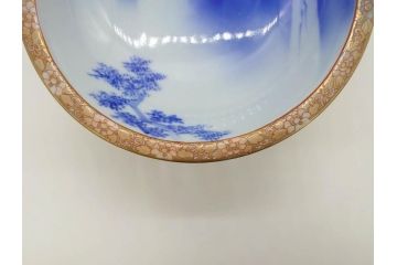 深川製磁　オールド深川　染付　金彩　約18cm　6寸　一つ一つ丁寧に絵付けされた風景図が美しい鉢(深皿、和皿、和食器、六寸、共箱付き)(R-073195)