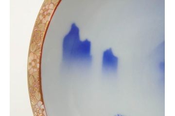深川製磁　オールド深川　染付　金彩　約18cm　6寸　一つ一つ丁寧に絵付けされた風景図が美しい鉢(深皿、和皿、和食器、六寸、共箱付き)(R-073195)