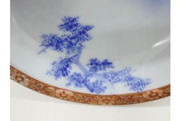深川製磁　オールド深川　染付　金彩　約18cm　6寸　一つ一つ丁寧に絵付けされた風景図が美しい鉢(深皿、和皿、和食器、六寸、共箱付き)(R-073195)