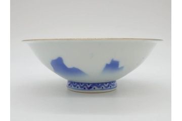 深川製磁　オールド深川　染付　金彩　約18cm　6寸　一つ一つ丁寧に絵付けされた風景図が美しい鉢(深皿、和皿、和食器、六寸、共箱付き)(R-073195)