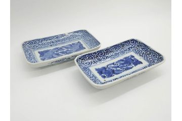 江戸期　冨貴長春　古伊万里　染付　蛸唐草文　約21cm　6.9寸　一筆一筆丁寧に描かれた長皿2枚セット(角皿、和皿、和食器、六寸九分)(R-073196)