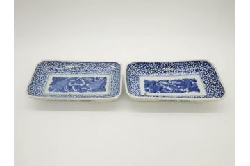 江戸期　冨貴長春　古伊万里　染付　蛸唐草文　約21cm　6.9寸　一筆一筆丁寧に描かれた長皿2枚セット(角皿、和皿、和食器、六寸九分)(R-073196)