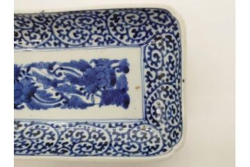 江戸期　冨貴長春　古伊万里　染付　蛸唐草文　約21cm　6.9寸　一筆一筆丁寧に描かれた長皿2枚セット(角皿、和皿、和食器、六寸九分)(R-073196)