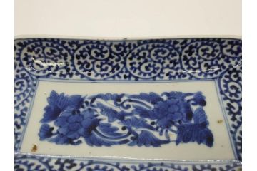 江戸期　冨貴長春　古伊万里　染付　蛸唐草文　約21cm　6.9寸　一筆一筆丁寧に描かれた長皿2枚セット(角皿、和皿、和食器、六寸九分)(R-073196)