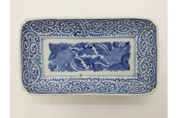 江戸期　冨貴長春　古伊万里　染付　蛸唐草文　約21cm　6.9寸　一筆一筆丁寧に描かれた長皿2枚セット(角皿、和皿、和食器、六寸九分)(R-073196)