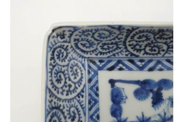 江戸期　大明成化年製　古伊万里　染付　蛸唐草　松竹梅文　約21cm　6.7寸　意匠を凝らしたデザインが素敵な長皿2枚セット(角皿、和皿、和食器、六寸七分)(R-073197)