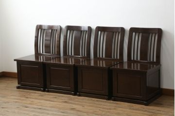 中古　鉄刀木(タガヤサン)　キャスター付き　美しい杢目が目を惹く収納付き板座チェア4脚セット(ダイニングチェア、回転チェア、椅子、イス)(R-073329)