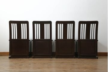中古　鉄刀木(タガヤサン)　キャスター付き　美しい杢目が目を惹く収納付き板座チェア4脚セット(ダイニングチェア、回転チェア、椅子、イス)(R-073329)