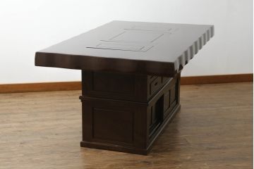 中古　鉄刀木(タガヤサン)　2wayでフレキシブルに使える!!美しい杢目が目を惹く囲炉裏テーブル(木製火鉢、関西火鉢、長火鉢、ダイニングテーブル、6人掛け、食卓、座卓、センターテーブル、ローテーブル)(R-073330)