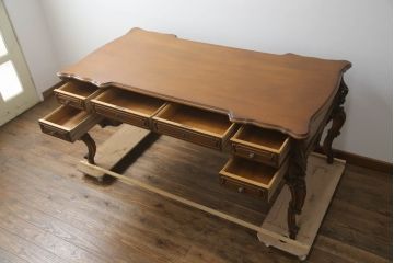 中古　最高級!!　イタリア製　バロック様式　ロココ調　素晴らしい彫刻と優雅な曲線が美しい両袖机(プレジデントデスク、ニーホールデスク、在宅ワーク用、テーブル、在宅用)(R-073334)