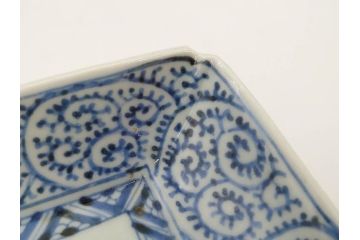 江戸期　大明成化年製　古伊万里　染付　蛸唐草　松竹梅文　約20cm　6.7寸　意匠を凝らしたデザインが素敵な長皿2枚セット(角皿、和皿、和食器、六寸七分)(R-073347)
