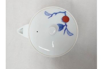 人間国宝　十二代　酒井田柿右衛門　染錦柿画　上質な和の空間を演出する茶器セット(急須、湯冷まし、湯呑み6客、湯のみ、茶道具、和食器、共箱付き)(R-073366)