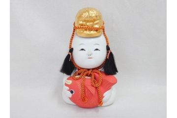 時代物　昭和十三年(1938年)　京都　丸屋　大木平蔵　鯛持ち　ガラスケース付き　和の風情を感じられる上質な京人形(木彫り、御所人形、子供、子ども、昭和13年、共箱付き)(R-073369)