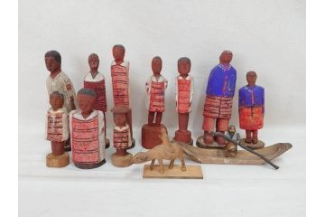 台湾?　霧社　蕃童作品　木彫り人形など12体セット(アイヌ、木製、人物、動物、船、舟、置物)(R-073370)