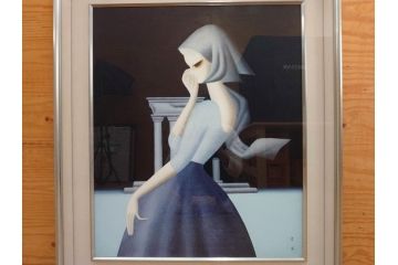洋画家　東郷(久下塚)青蘭　望郷　F20(20号)　ノスタルジックな雰囲気漂う油彩画(東郷青児の内弟子、美人名品、絵画、人物絵、女性、美人画、額装、油絵)(R-073372)