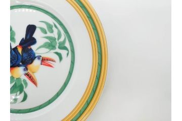 フランス　HERMES(エルメス)　トゥカン　大胆かつ繊細に描かれた鳥たちが華やかな雰囲気を醸し出すトリオセット(カップ&ソーサー、プレート、皿、C&S、洋食器)(R-073374)