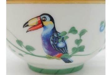 フランス　HERMES(エルメス)　トゥカン　大胆かつ繊細に描かれた鳥たちが華やかな雰囲気を醸し出すトリオセット(カップ&ソーサー、プレート、皿、C&S、洋食器)(R-073374)
