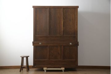 中古　美品　高級品!!　ナラ材　上質な和の空間を演出するアンティーク調二段重ね水屋箪笥(食器棚、キャビネット、茶箪笥、収納棚、戸棚)(R-073376)