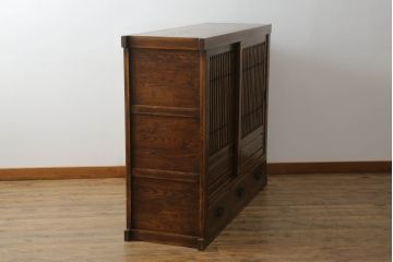 中古　美品　高級品!!　ナラ材　上質な和の空間を演出するアンティーク調水屋箪笥サイドボード(食器棚、収納棚、戸棚、茶箪笥、サイドキャビネット)(R-073377)