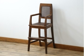 和製アンティーク　古いナラ材の象嵌入りラタン張りチャイルドチェア　(R-073413)