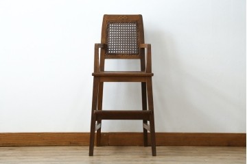 和製アンティーク　古いナラ材の象嵌入りラタン張りチャイルドチェア　(R-073413)