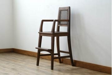 和製アンティーク　古いナラ材の象嵌入りラタン張りチャイルドチェア　(R-073413)